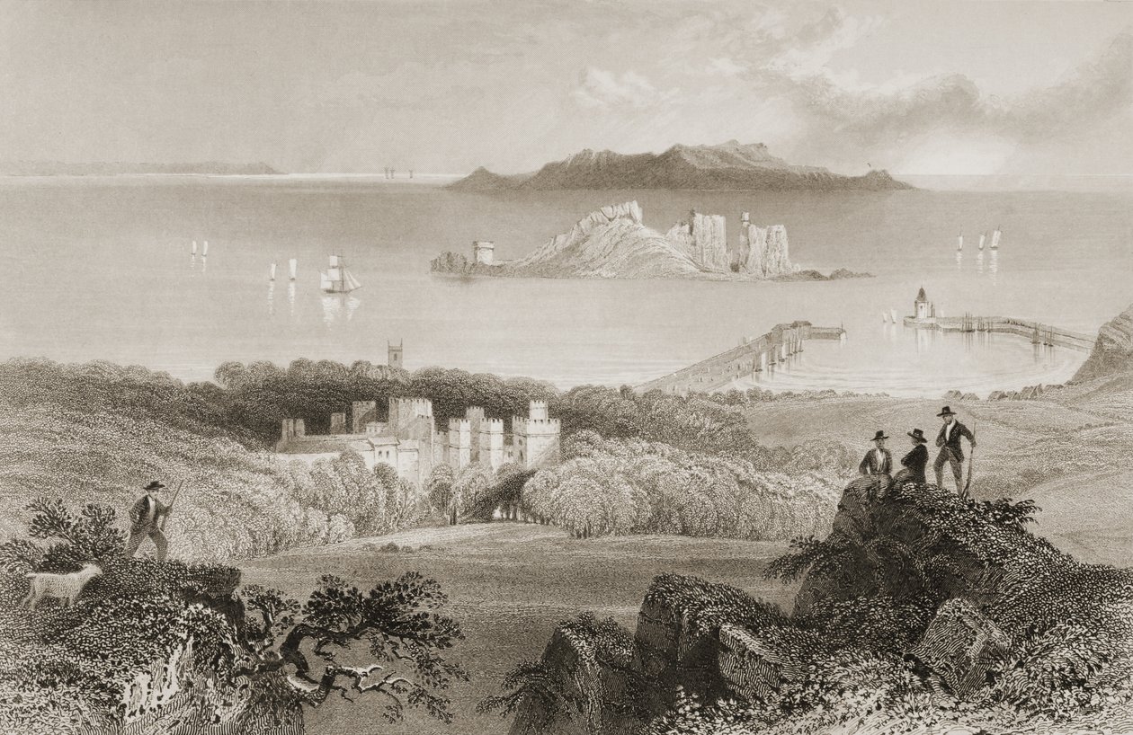 Utsikt över Howth Castle, County Dublin, Irland, från "Scenery and Antiquities of Ireland" av George Virtue, 1860-talet av William Henry Bartlett