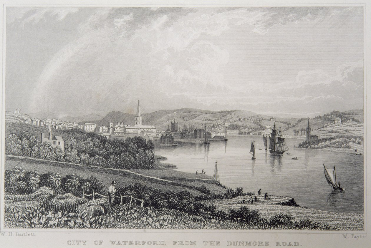 Vy över Waterford från The Dunmore Road, Irland, graverad av W. Taylor av William Henry Bartlett