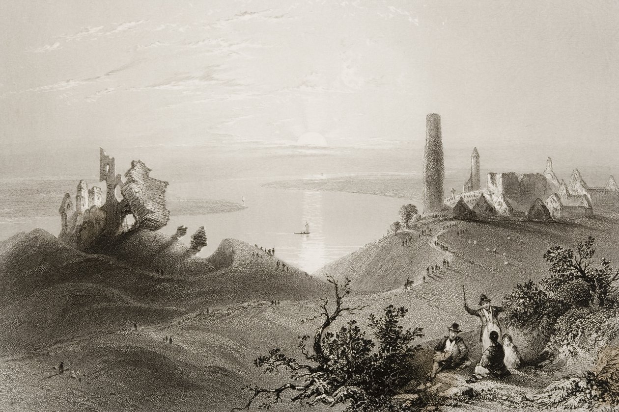 Utsikt över "Seven Churches of Clonmacnois", County Offaly, Irland, från "Scenery and Antiquities in Ireland" av George Virtue, 1860-talet av William Henry Bartlett