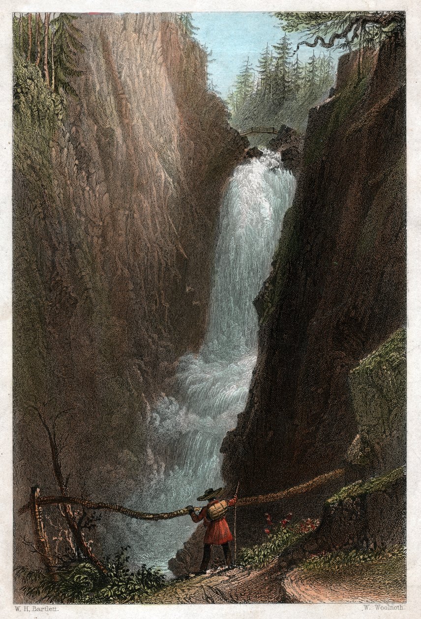 Vattenfall i Aar, i Aar Gotthard-massivet, schweiziska alperna. cirka 1850 (gravyr) av William Henry Bartlett
