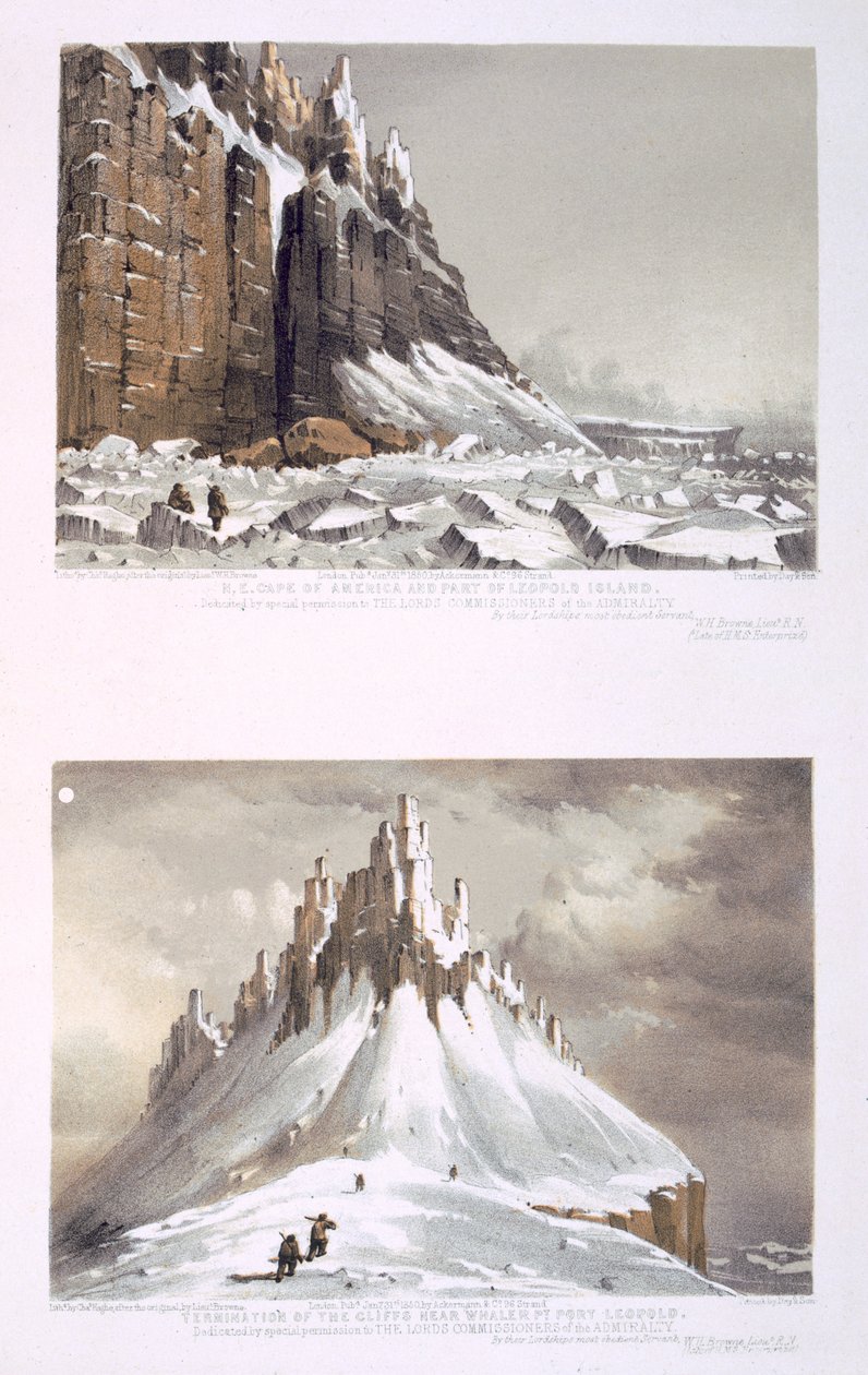 N.Ö. Kap Amerika och en del av Leopold Island (överst) och klippornas slut vid Whaler Point, Port Leopold (nederst) från "Ten Coloured Views taken during the Arctic Expedition of Her Majesty" (Tio färgbilder tagna under Hennes Majestäts arktiska expedition av William Henry Browne