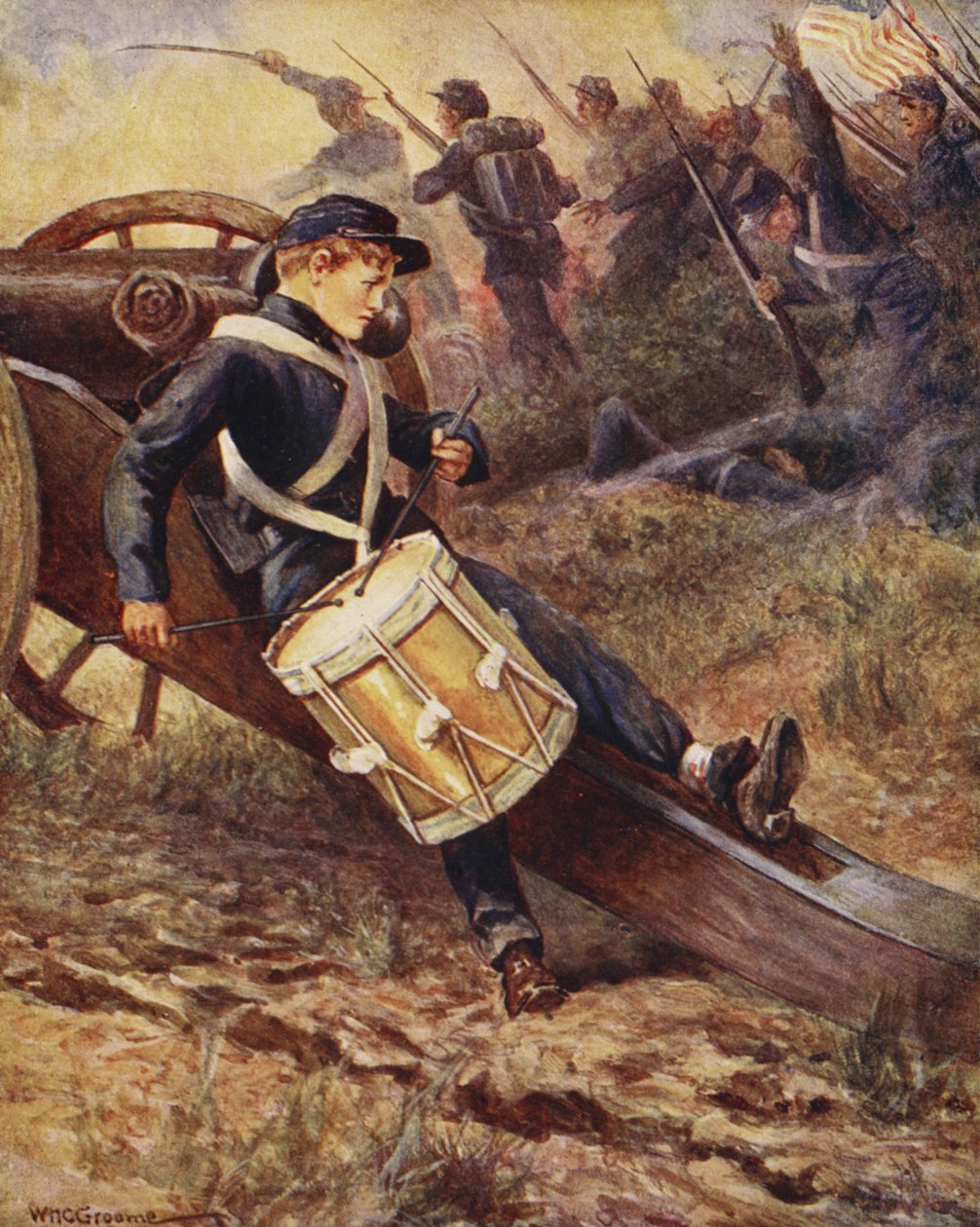 Han kröp bakom en kanon och blev allt blekare, från Ballads of Famous Fights, första upplagan, 1920. av William Henry Charles Groome