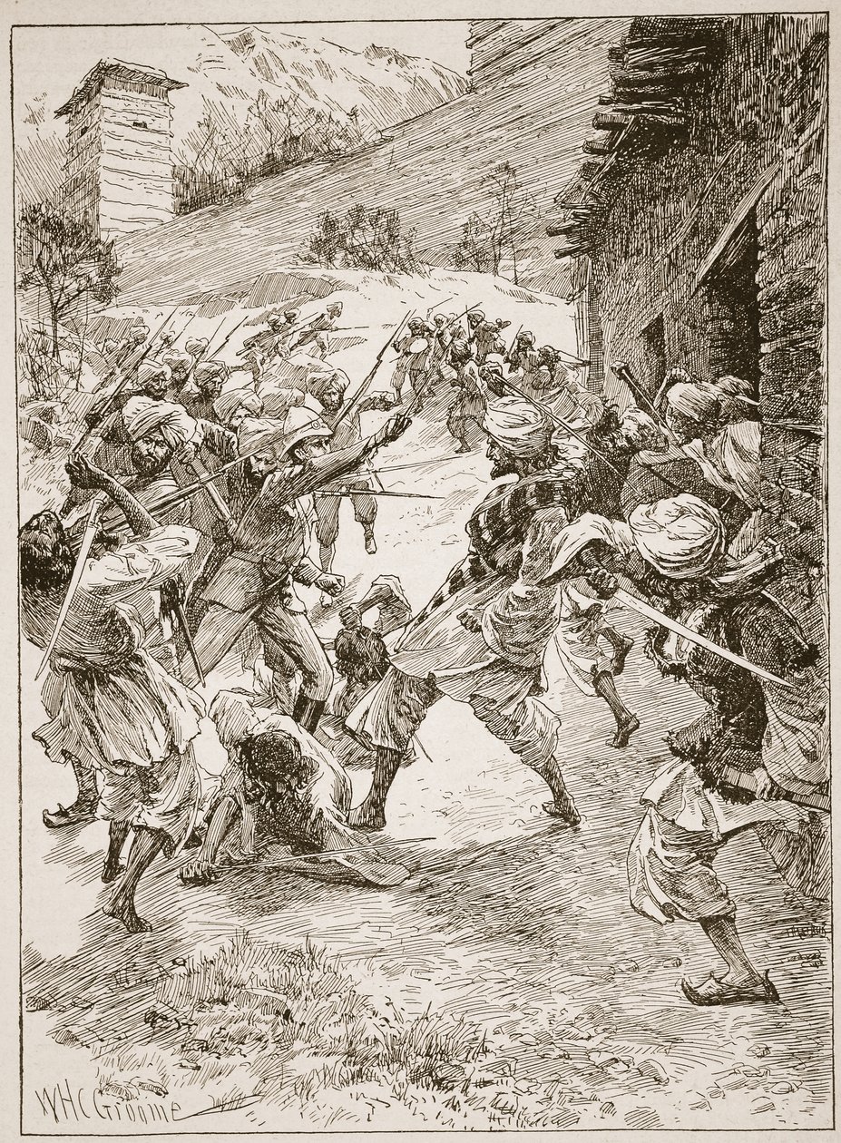 Löjtnant Harley, i spetsen för fyrtio sikher och sextio kashmirer, rusade huset över gruvans mynning, illustration från "Battles of the Nineteenth Century" av Archibald Forbes, G.A. Henty an av William Henry Charles Groome