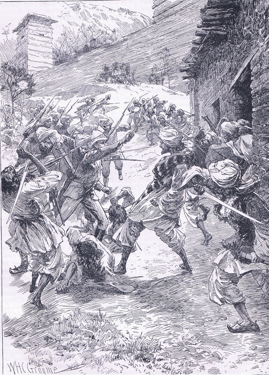 Löjtnant Harley leder sorten från Fort Chitral, illustration från Cassells History of England, 1900-talet av William Henry Charles Groome