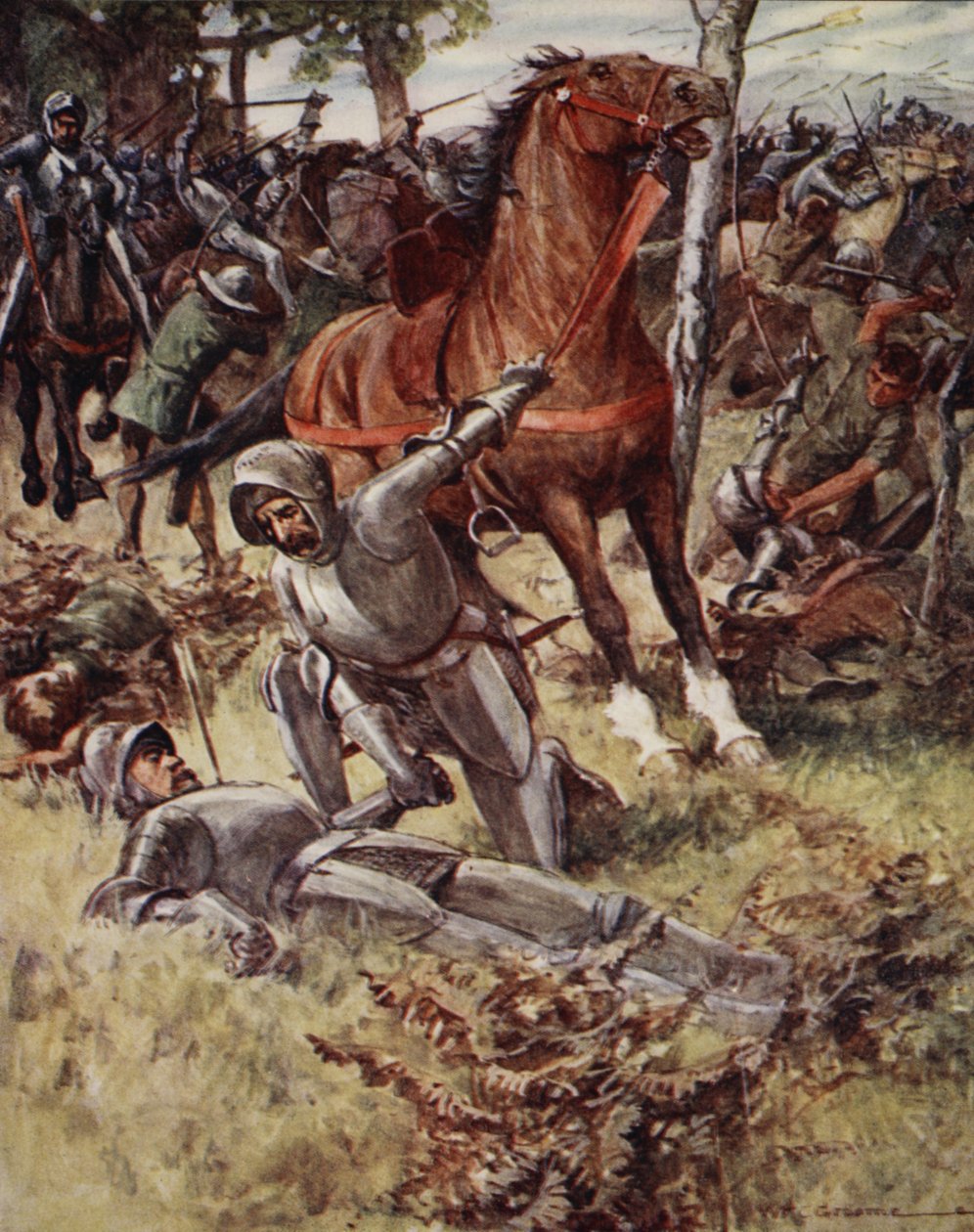 Earl Percy lämnade livet och tog den döde mannen i handen, från Ballads of Famous Fights, första upplagan, 1920 av William Henry Charles Groome