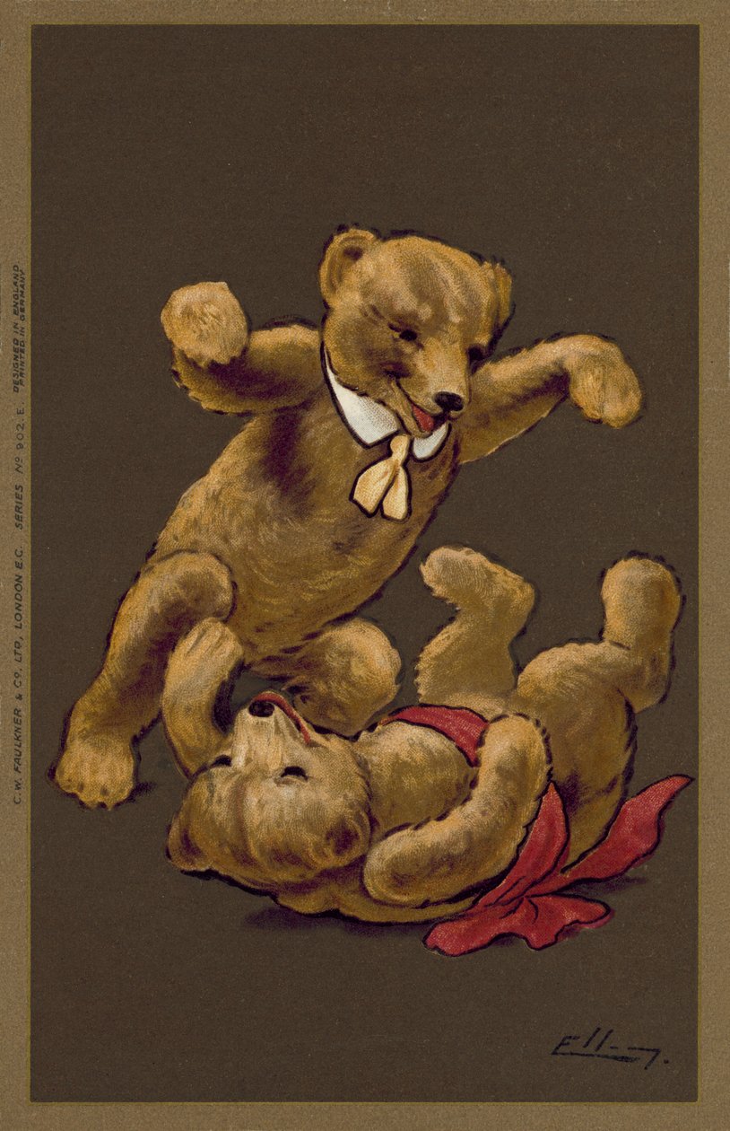 Pojke och flicka leker nallebjörnar (färglitografi) av William Henry Ellam