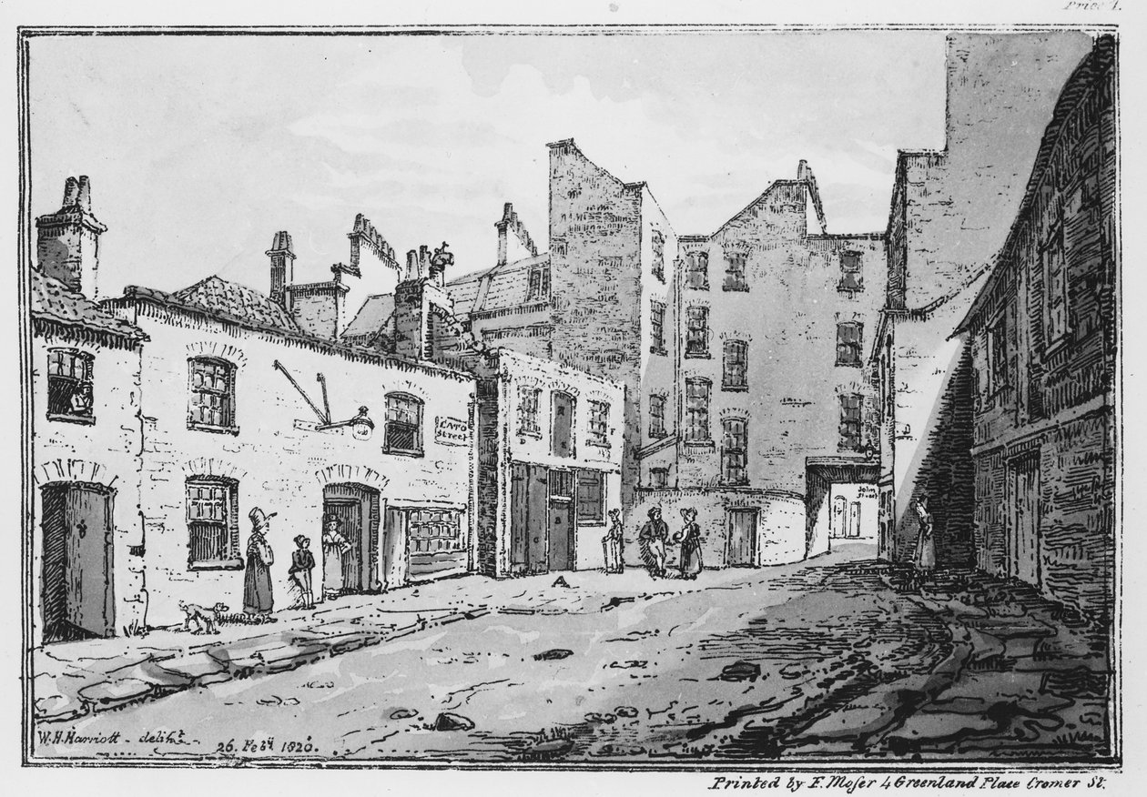 Utsikt över Cato Street, 1820 (litho) av William Henry Harriott