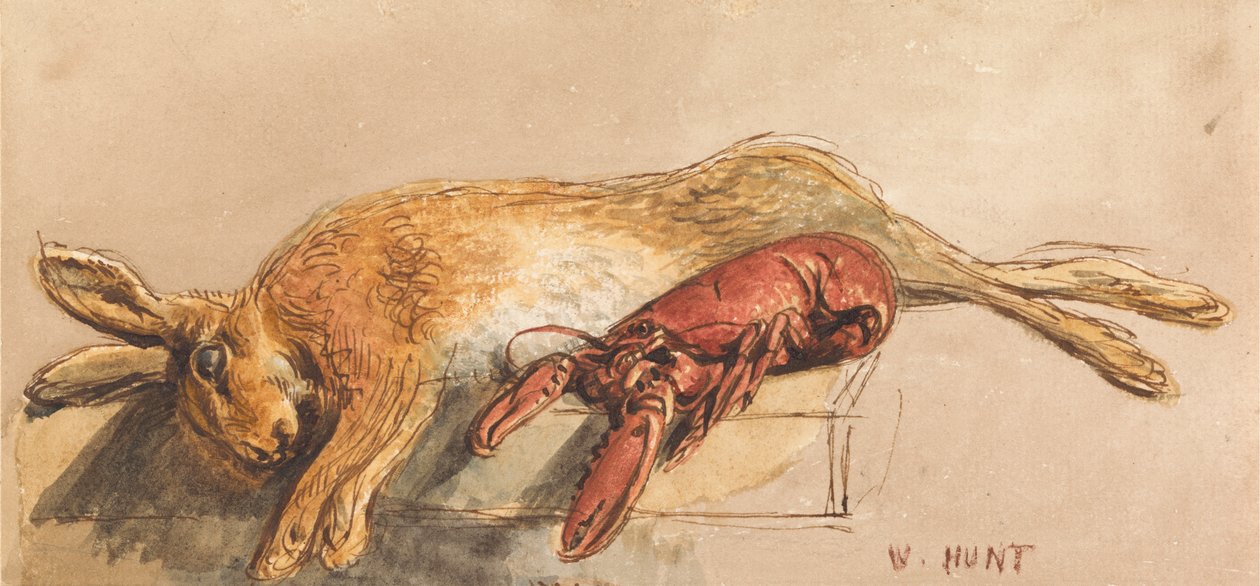 En död hare och en kokt hummer på en bänk av William Henry Hunt