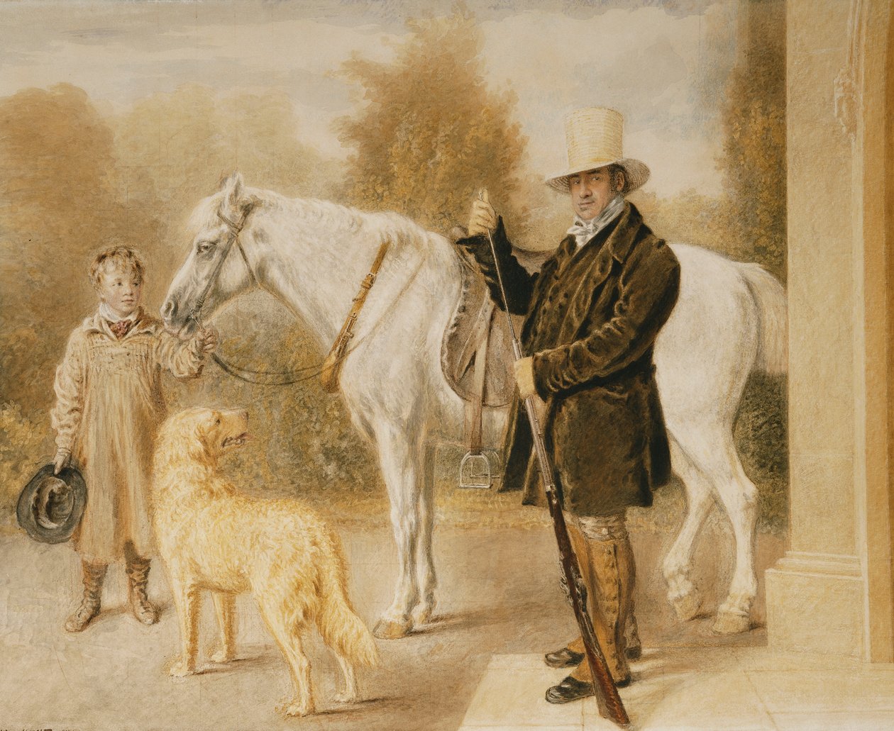 En idrottsman med en pojke, en ponny och en hund, 1827 av William Henry Hunt