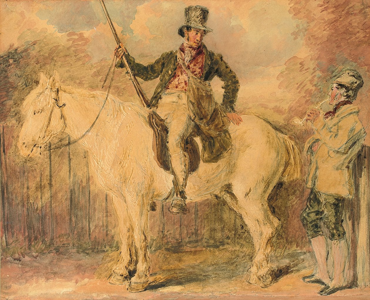 En viltvårdare på en häst och en annan man samtalar av William Henry Hunt