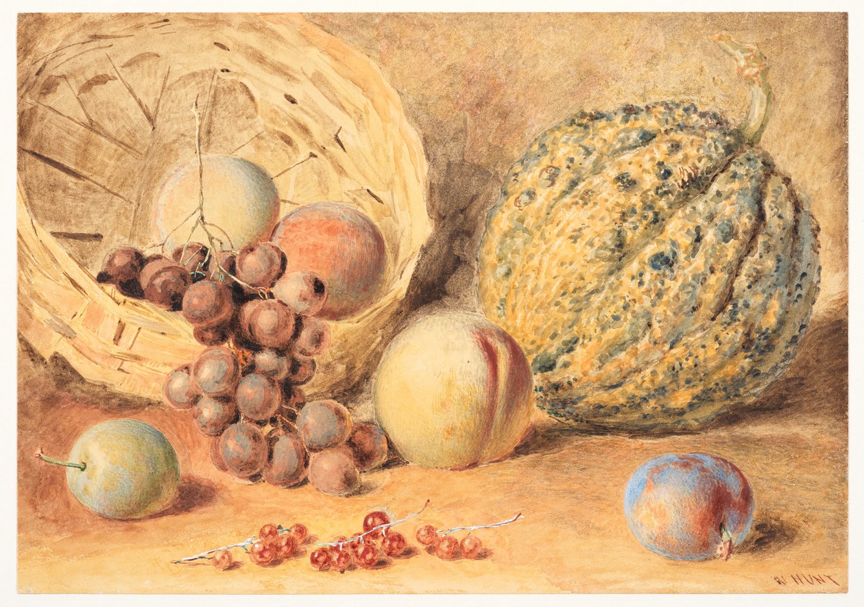 Korg med melon, persikor, vindruvor och plommon, ca 1804 (grafit, akvarell med tillsatt gummi arabicum, kroppsfärg & skrapa ut på vävt papper) av William Henry Hunt
