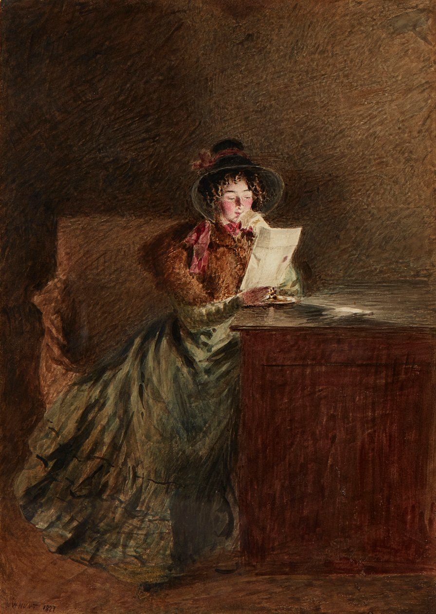 Flicka som läser ett brev med lampljus (akvarell och penna) av William Henry Hunt