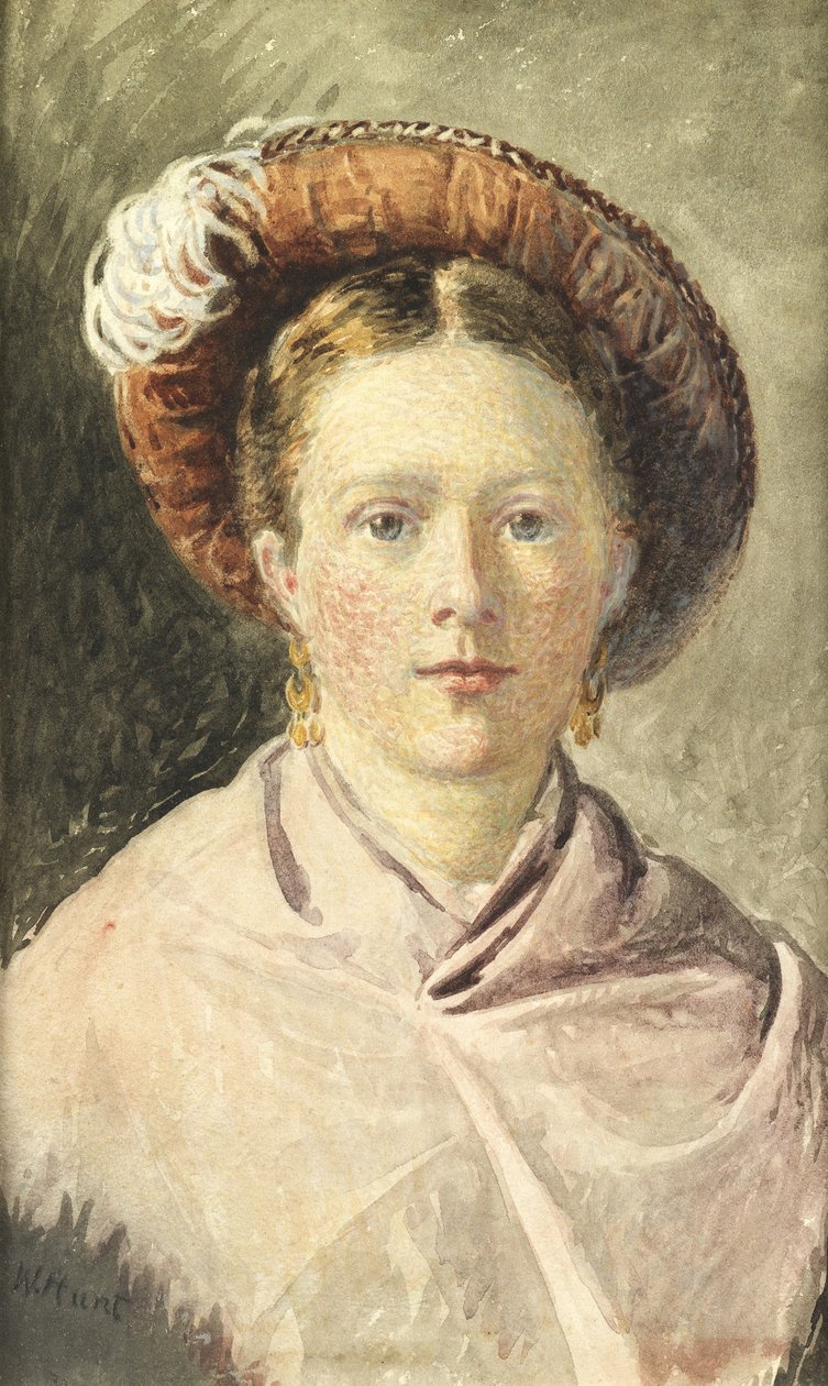 Dam i en fjäderhatt (akvarell på papper) av William Henry Hunt