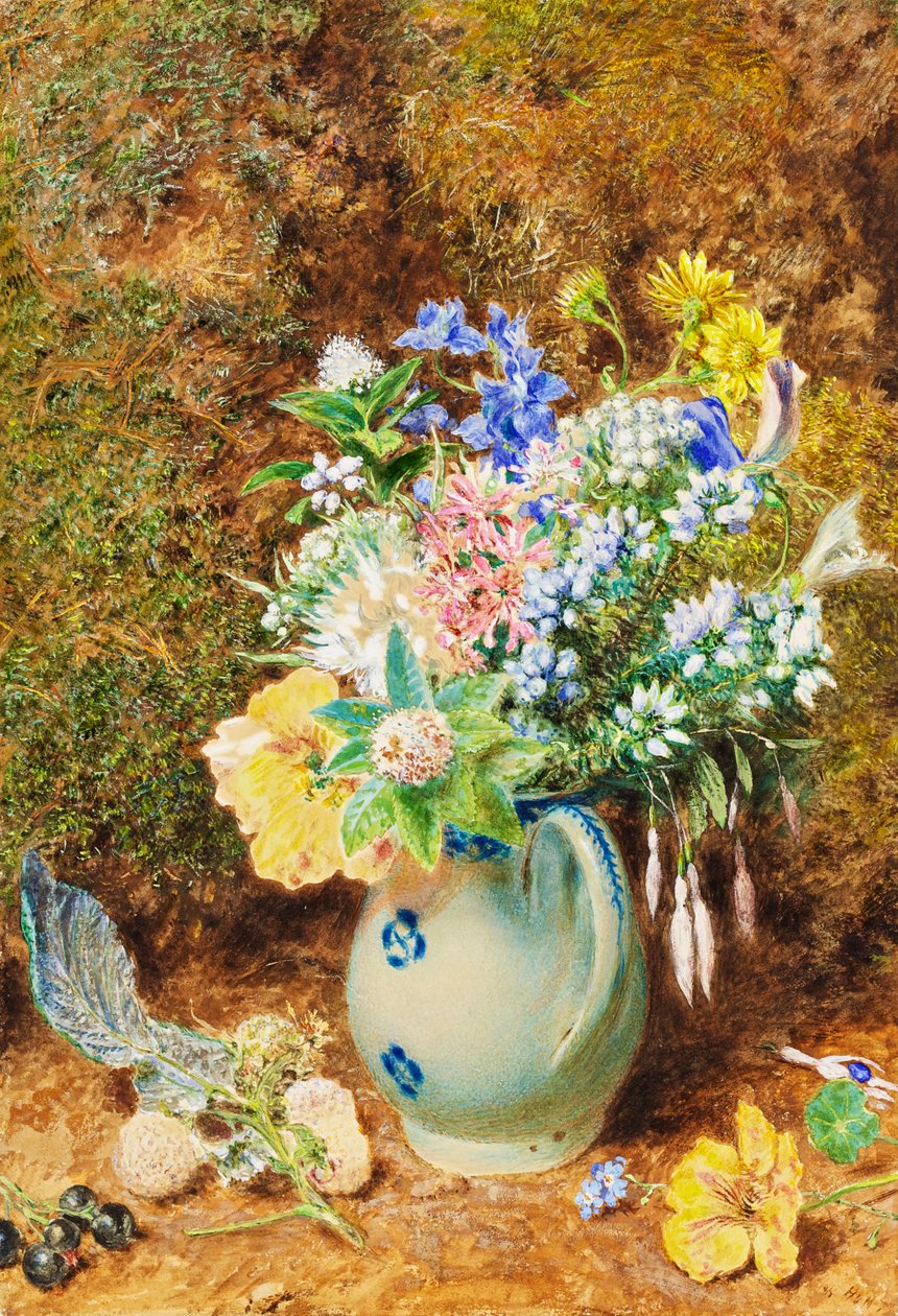 Blekblå porslinskanna med hedar och små blommor, ca 1860 av William Henry Hunt