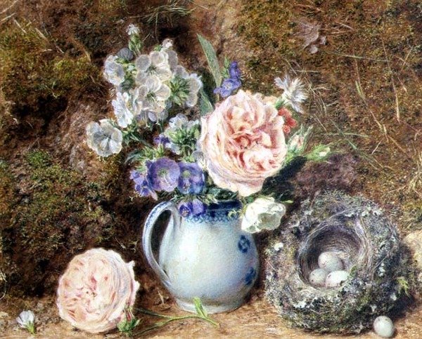 Stilleben av blommor och bo av William Henry Hunt
