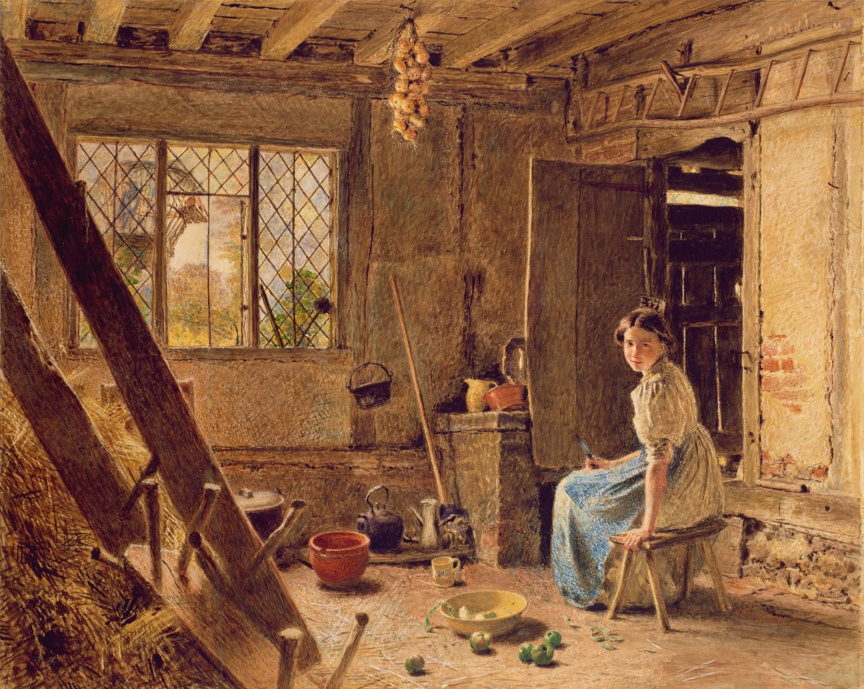 The Maid and the Magpie, A Cottage Interior at Shillington, Bedfordshire, 1834 (wc framhävt med vitt på papper) av William Henry Hunt