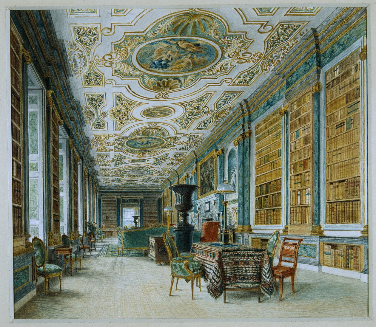 The Old Ballroom, nu biblioteket, Chatsworth (akvarell på papper) av William Henry Hunt