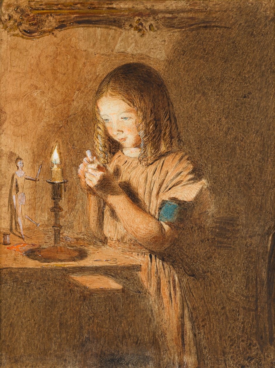 Träning av nål: Den unga sömmerskan, ca 1845 (wc på papper) av William Henry Hunt