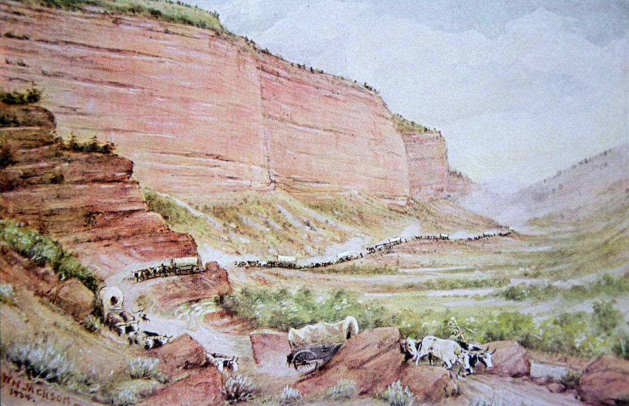 Mormonvagnståg som passerar genom Echo Canyon, öster om Salt Lake City, Utah (färg litho) av William Henry Jackson
