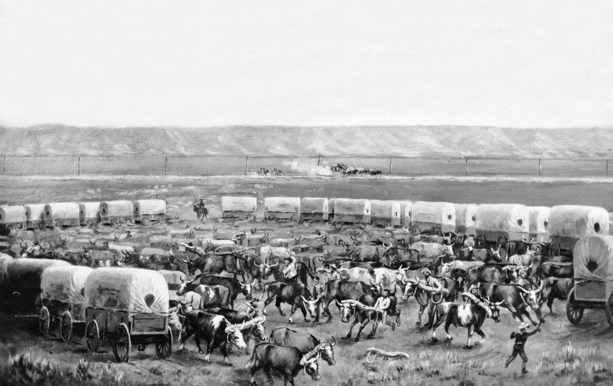 Oxar som hängs upp i en inhägnad av täckta vagnar i en målning av W. H. Jackson, Scotts Bluff, Nebraska: c. 1875 av William Henry Jackson