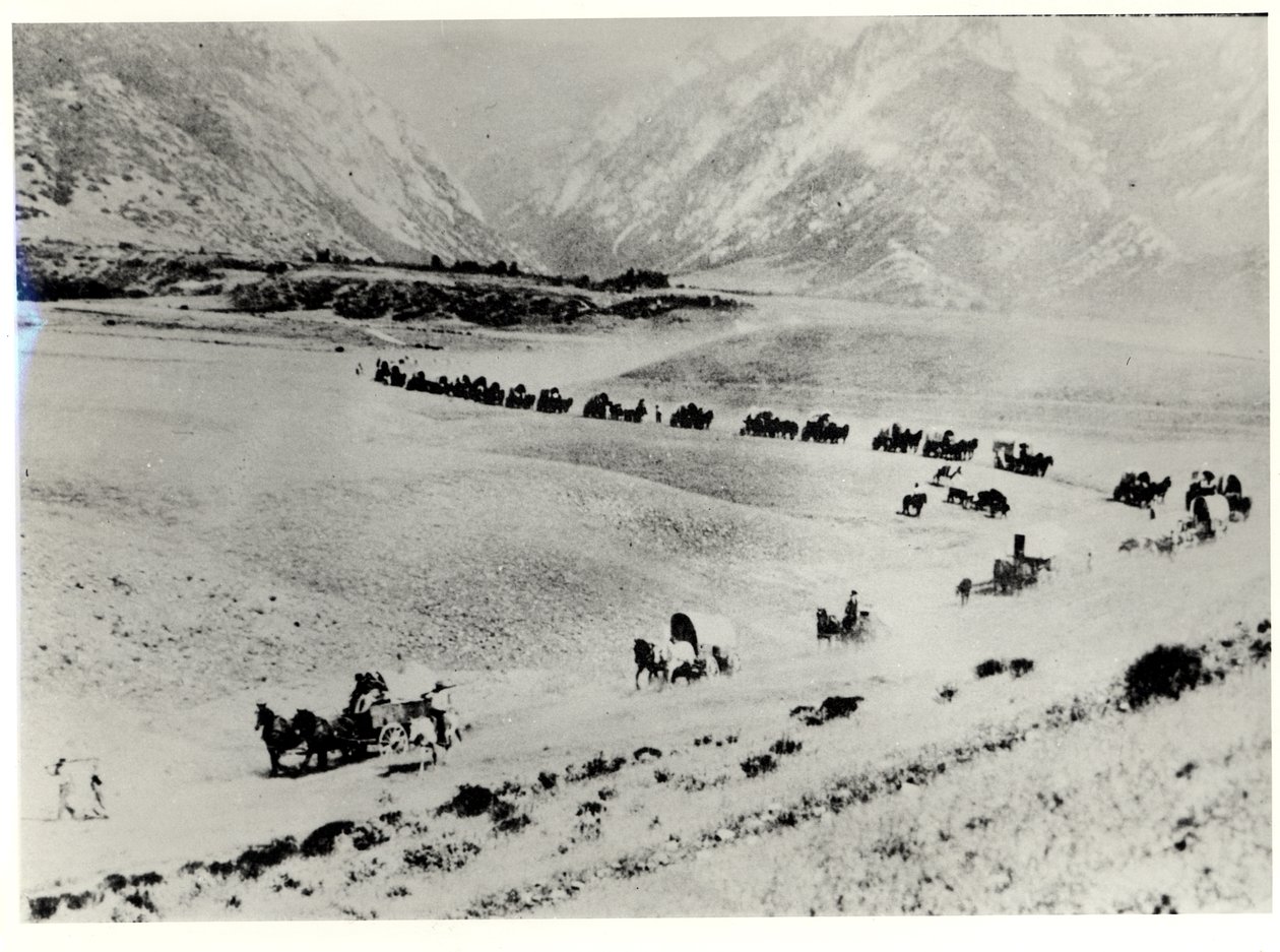 Pionjärer som hämtar invandrare från tågstationen och leder dem till mormonernas Salt Lake City. av William Henry Jackson