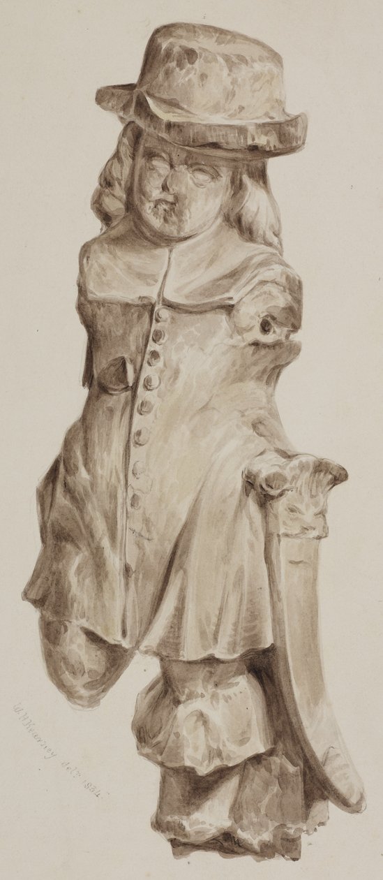 Sniden figur i ek, en gång i dörröppningen till huset byggt på platsen för Boars Head Tavern, Eastcheap, 1834 (tvätt på papper) av William Henry Kearney