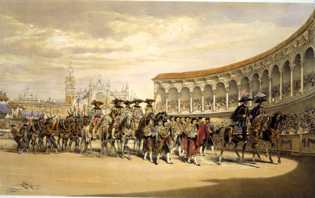Intåg av toreros i procession. Lake Price (c1810-1896) Engelsk konstnär. Tjurfäktare i procession på stadion i Sevilla, Spanien. Corrida Matador Tradition Kostym Blod Sport Spektakel av William Henry Lake Price