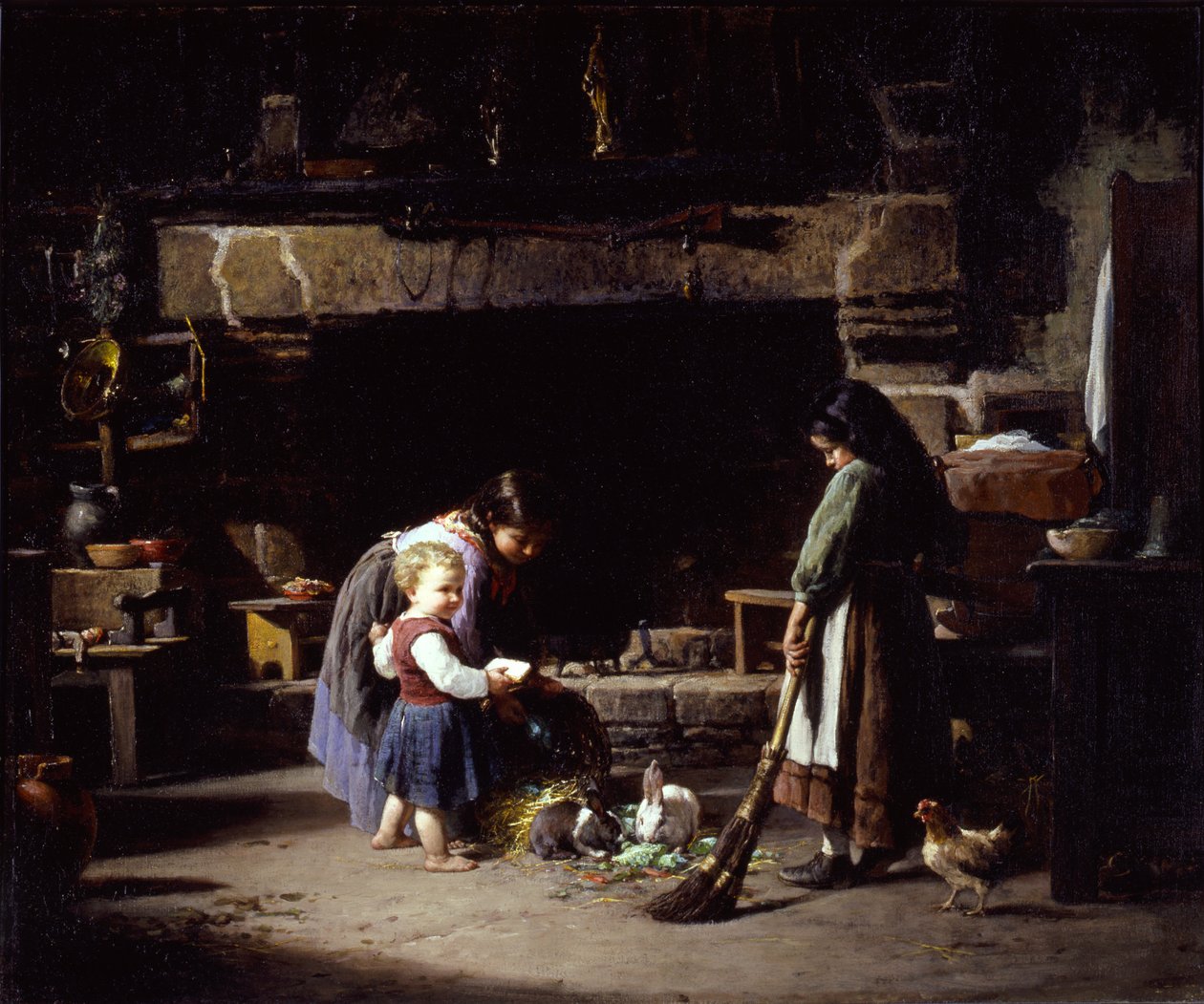 Gård interiör: Bretonska barn matar kaniner av William Henry Lippincott