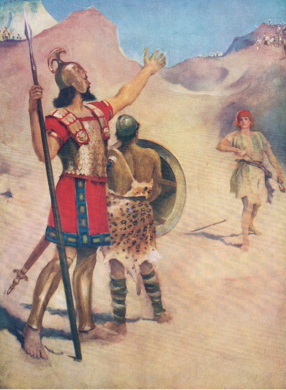David och Goliat, från The Bible Picture Book utgiven av Thomas Nelson, c.1950 av William Henry Margetson