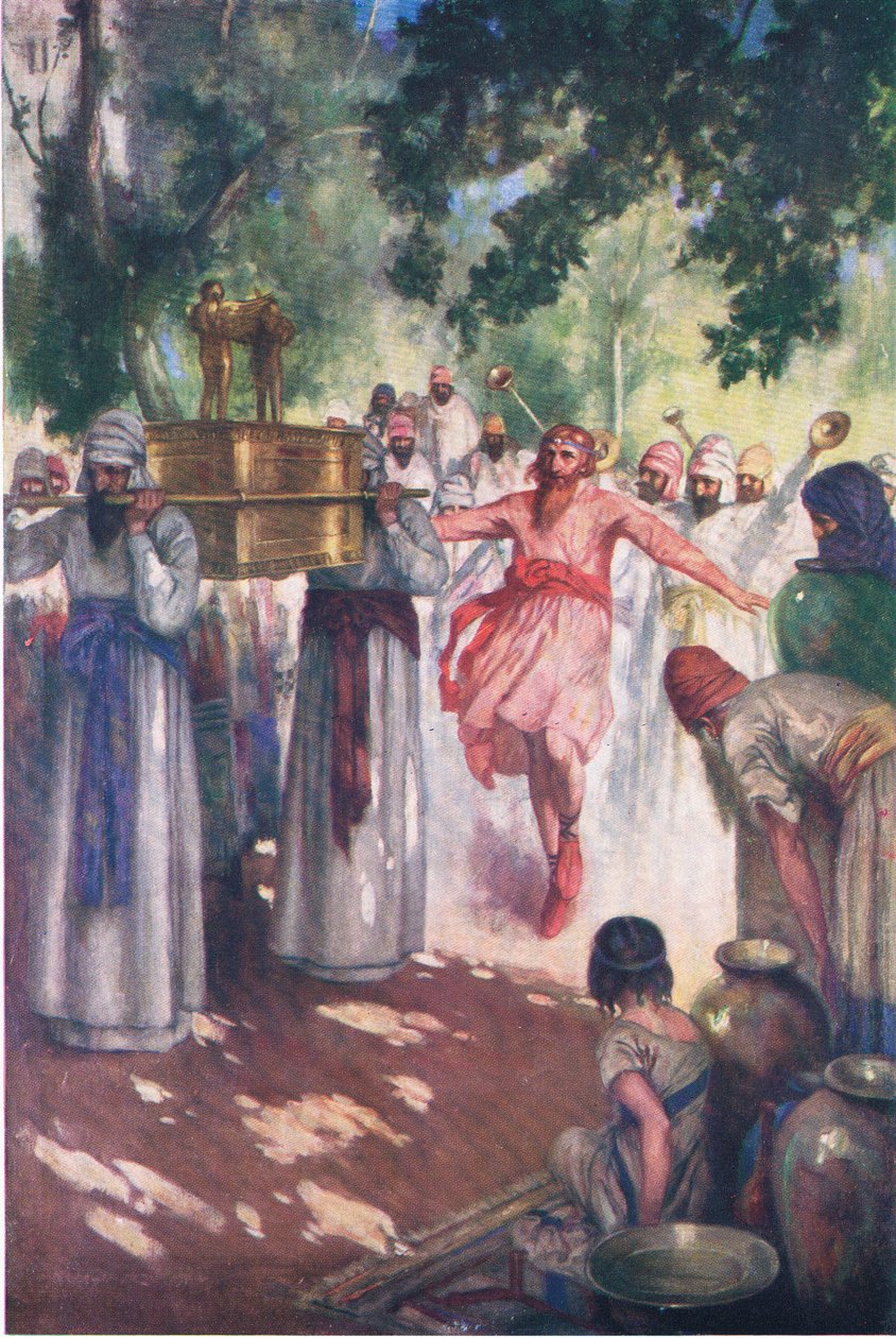 David tar med arken till Jerusalem, från The Bible Picture Book utgiven av Thomas Nelson, ca 1950 av William Henry Margetson