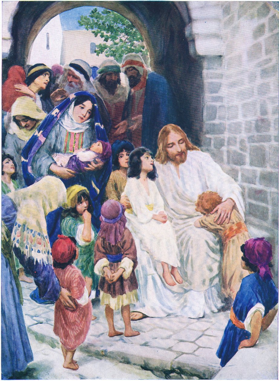 Jesus and the children, från The Bible Picture Book utgiven av Thomas Nelson, c.1950 av William Henry Margetson
