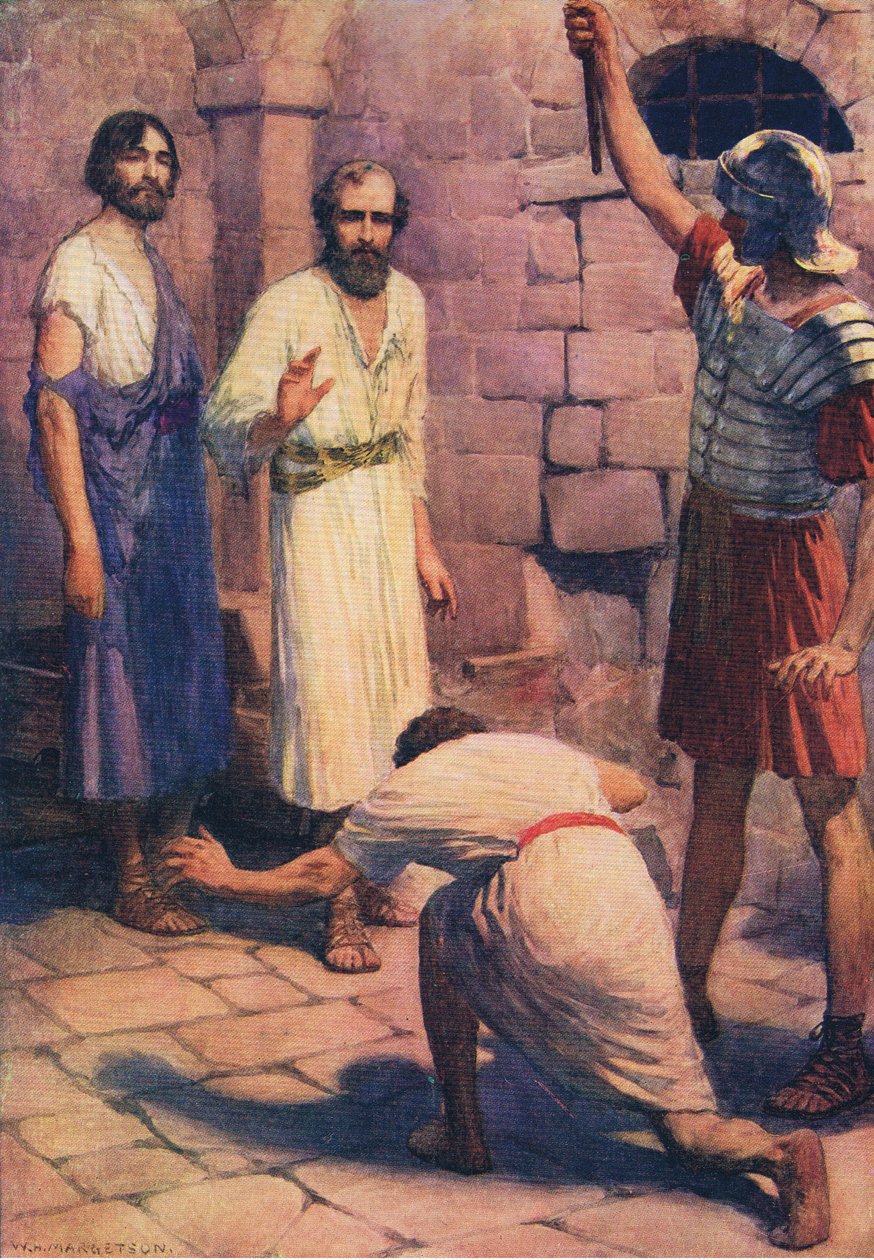 Paul och Silas i fängelse, från The Bible Picture Book utgiven av Thomas Nelson, c.1950 av William Henry Margetson