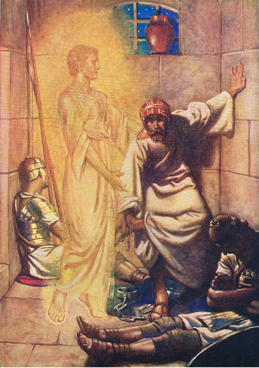 Peter befriad från fängelset, från The Bible Picture Book utgiven av Thomas Nelson, c.1950 av William Henry Margetson