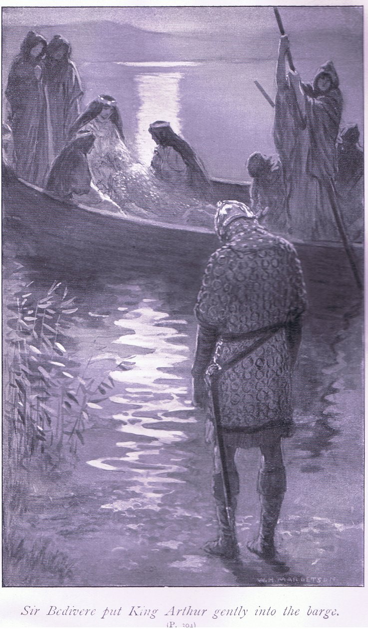 Sir Bedivere satte försiktigt kung Arthur i pråmen av William Henry Margetson