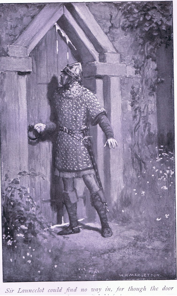 Sir Launcelot kunde inte hitta någon väg in, för även om dörren var gammal och sliten höll den fast av William Henry Margetson
