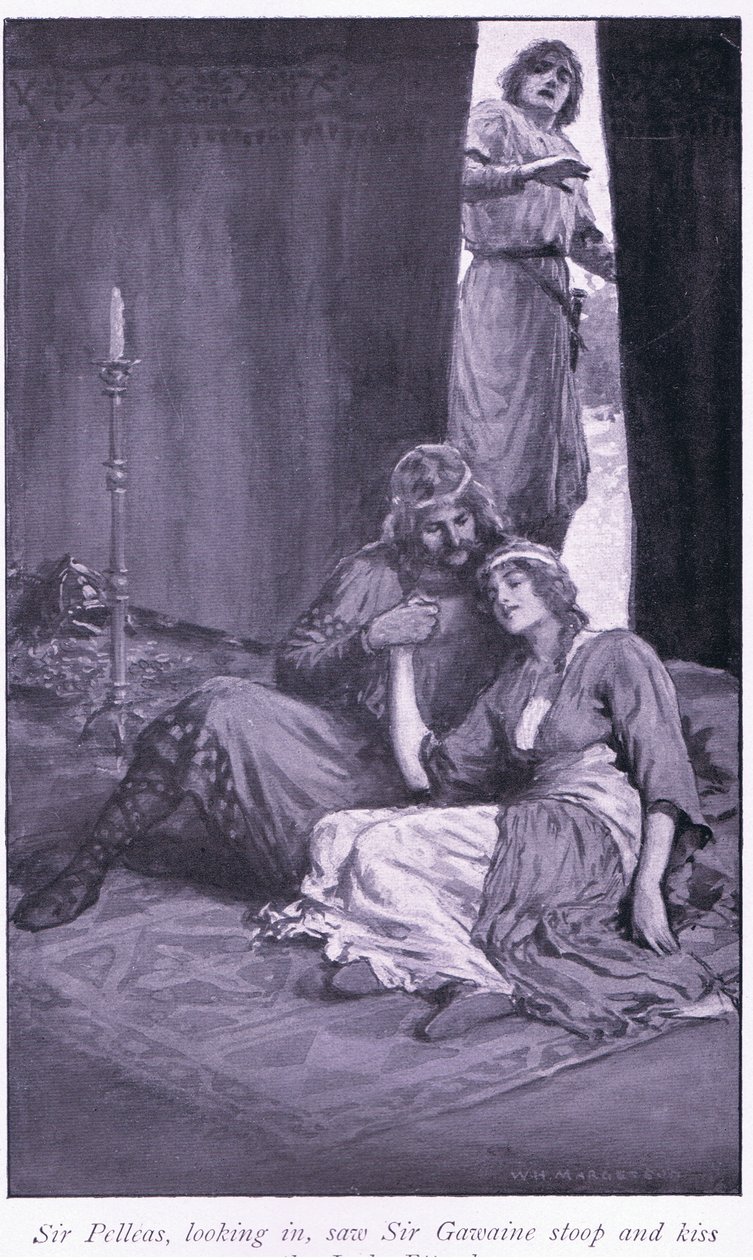 Sir Pelleas, som tittade in, såg sir Gawaine buga sig ner och kyssa lady Ettard. av William Henry Margetson
