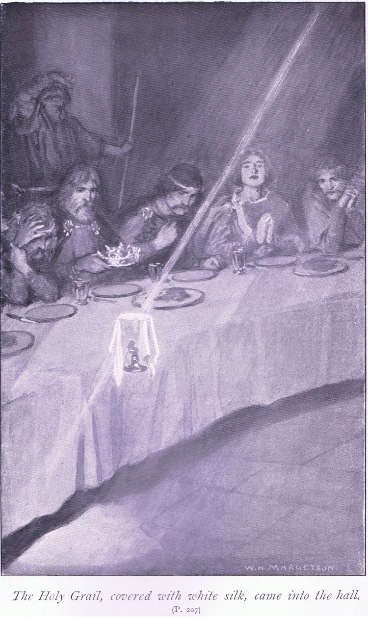 Den heliga gralen, täckt med vitt siden, kom in i hallen av William Henry Margetson