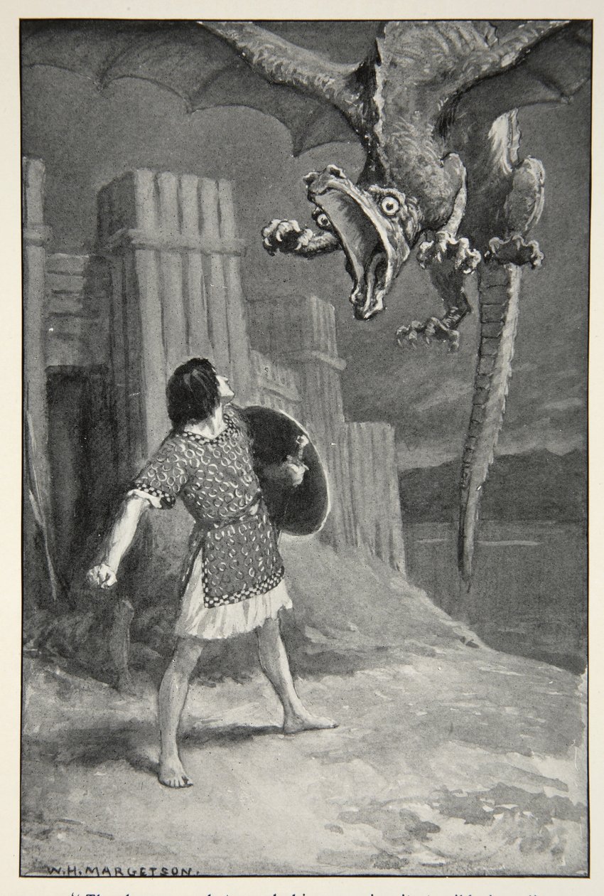 Draken sjönk mot honom och öppnade sina fruktansvärda käkar, från "Hero Myths and Legends of the British Race" av M.I. Ebbutt, 1910 av William Henry Margetson