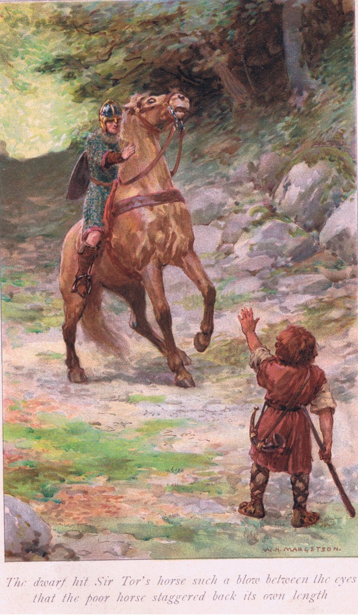 Dvärgen slog Sir Tors häst ett sådant slag mellan ögonen att den stackars hästen vacklade tillbaka sin egen längd av William Henry Margetson