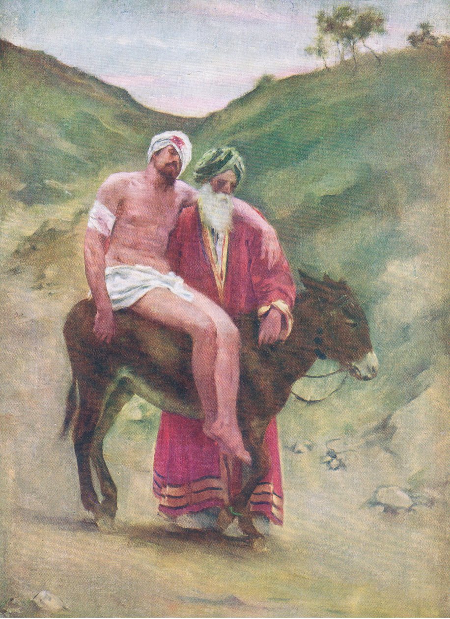 Den barmhärtige samariten, från The Bible Picture Book utgiven av Thomas Nelson, c.1950 av William Henry Margetson