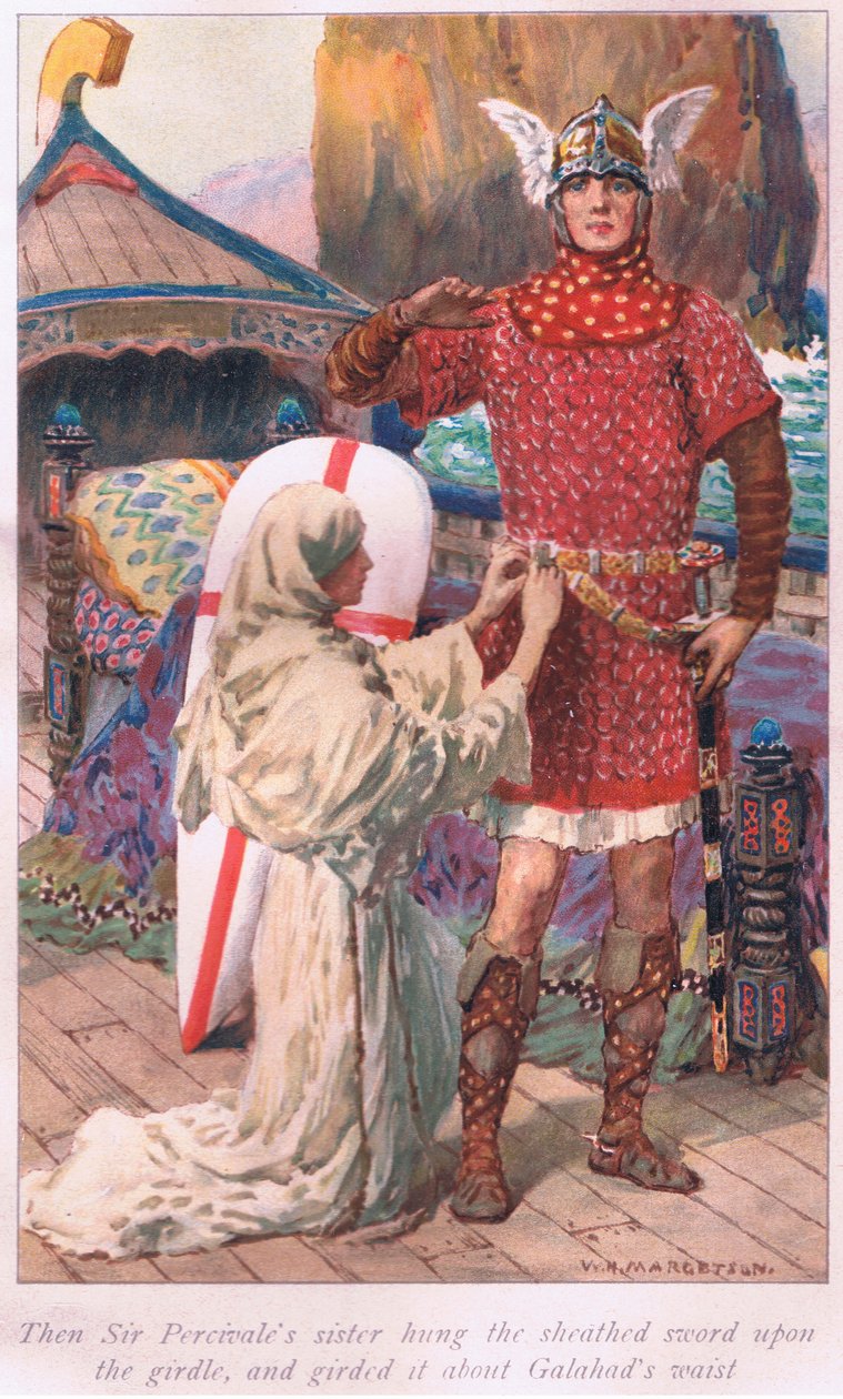 Då hängde Sir Percivales syster det skidda svärdet på bältet och band det om Galahads midja. av William Henry Margetson