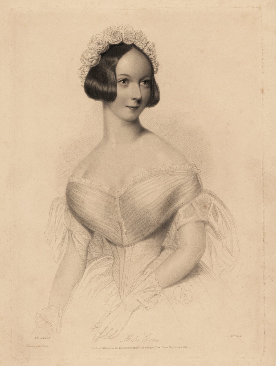 Miss Gore. I off-the-shoulder klänning med tight midja, hår dekorerat med en krans av rosor. Stålstiftsgravyr av William Henry Mote efter en illustration av William Drummond från Charles Heath