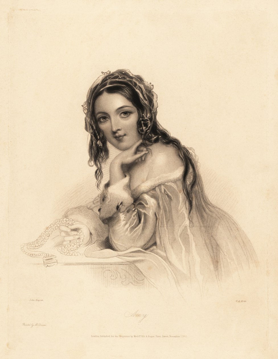 Porträtt av Amy. Skönhet bär en slöja över långt hår, hermelin-trimmad off-the-shoulder klänning, håller ett pärlhalsband. Stålstiftsgravyr av William Henry Mote efter en illustration av John Hayter från Charles Heath