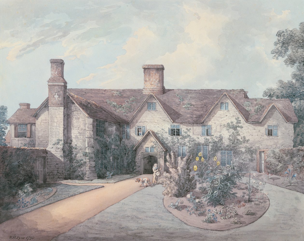 En pojke som spelar trumma i trädgården på ett hus på landet, 1793 (penna och bläck med wc över grafit på papper) av William Henry Pyne