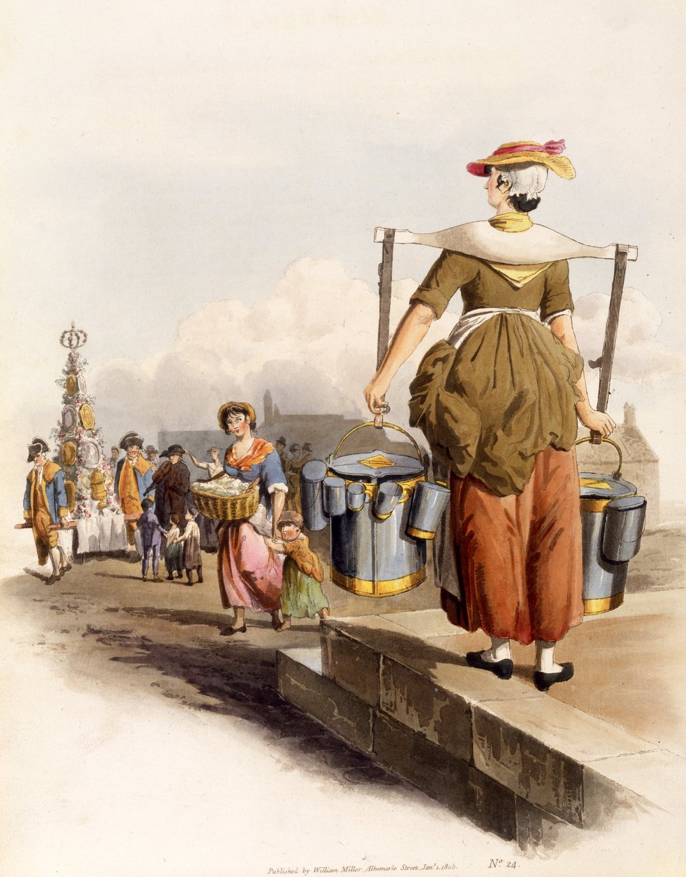 En mjölkflicka, från The Costumes of Great Britain, pub. By Henry Miller, 1805 (handkolorerat tryck) av William Henry Pyne