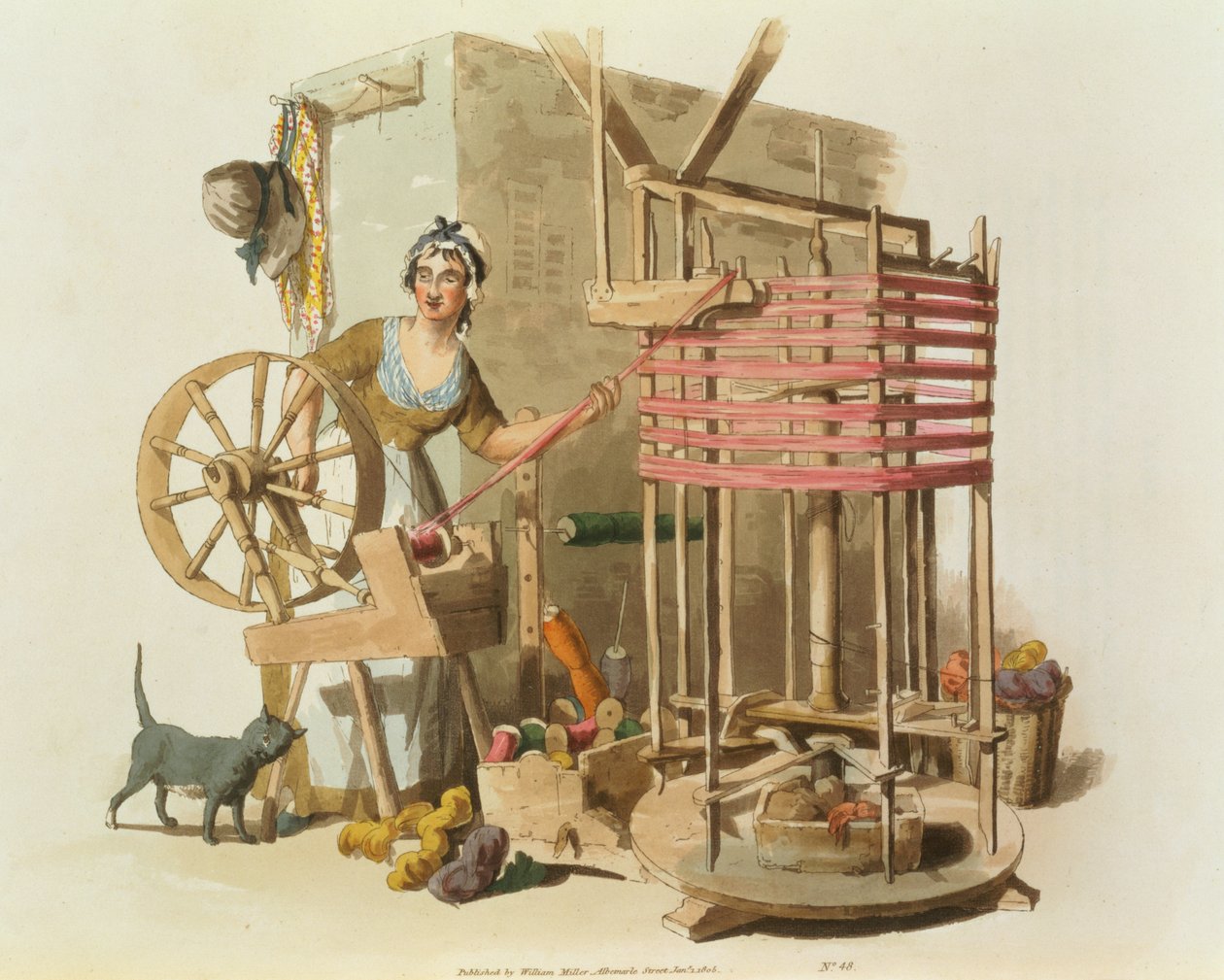 En kvinna med ullspinnare, graverad av konstnären, 1808 (akvatint) av William Henry Pyne