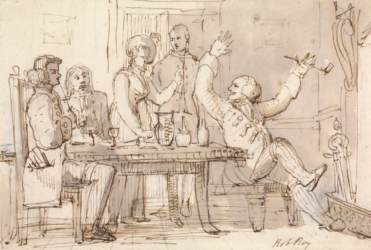 En illustration till Rob Roy: Interiör med en festdrink av William Henry Pyne