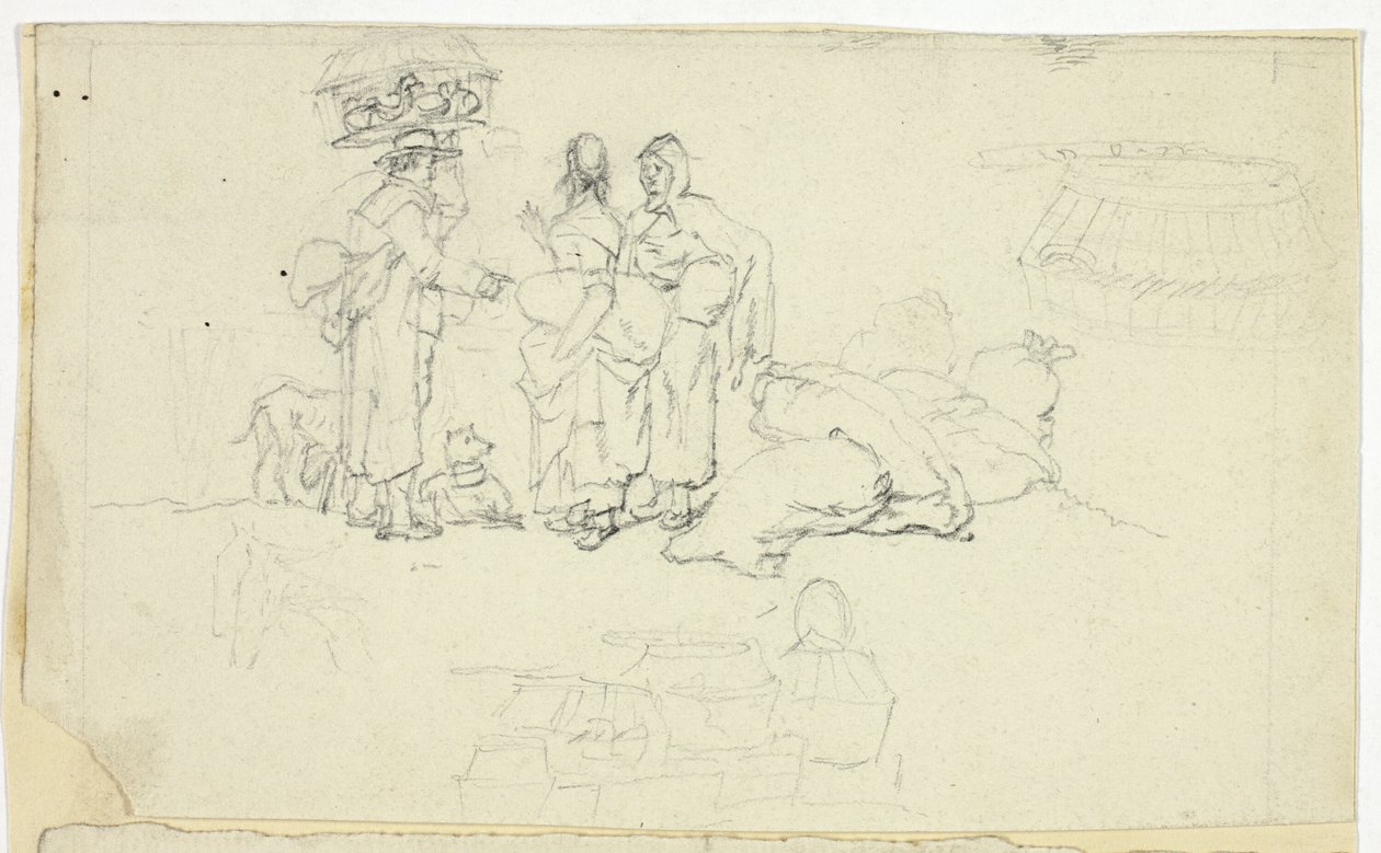 Figurer med marknadsvaror och tre skisser av William Henry Pyne