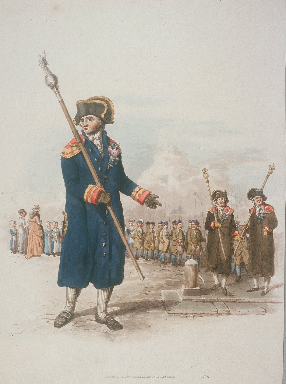 Parish Beadle i medborgardräkt med en stav, 1805 av William Henry Pyne