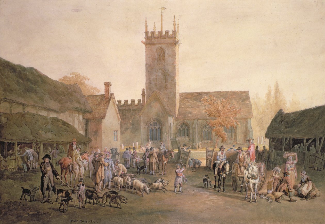 Pigmarket på gården till Fountain Inn, Bedford, 1806 (blyerts, wc och bodycolour) av William Henry Pyne